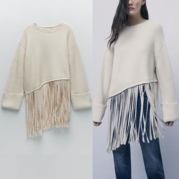 

2020 za fringed oversized knit sweater women o neck long sleeve vintage plus size pullover female chic winter loose knitted h1211, White;black