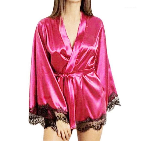 

women satin nightdress silk lace lingerie nightgown sleepwear robe1, Black;red