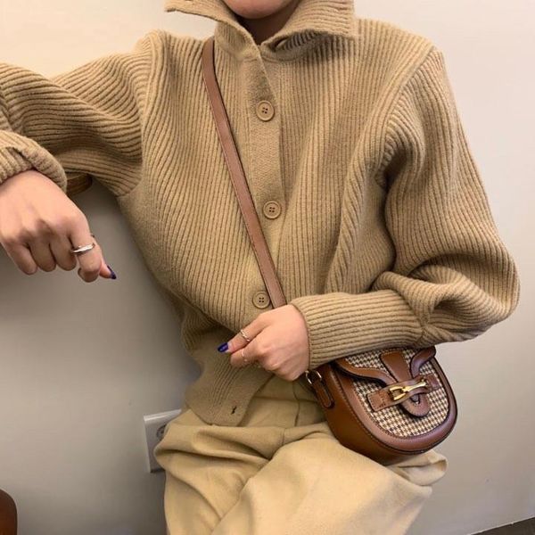 

women cardigan vintage stylish geometric knitted turtleneck sweater fashion long sleeve outerwear chaquet, White