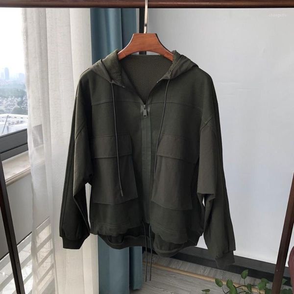 

autumn green jacket women drawstring hooded big pocket long sleeve casual coat1, Black;brown