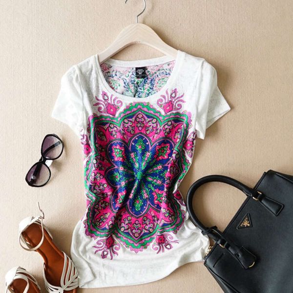 

2020 summer women's new national style ultra thin breathable printed drill large flower short sleeve t-shirt, Black;gray