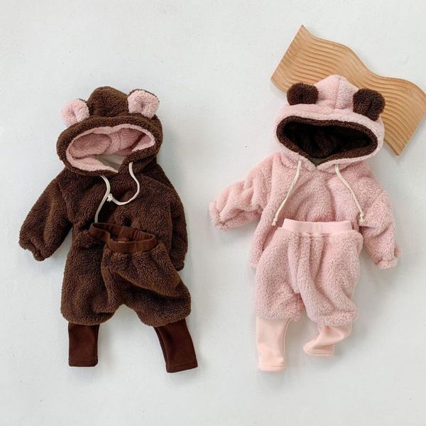 

2021 new winter toddler fleece thicken warm clothes suit pullover hooded coat+pant newborn baby girls boys clothing sets fs7m, White