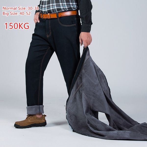 150 kg warme Jeans verdicken schwarze Männer elastische hohe Taille Mann Winterhose große Größe 44 46 48 50 52 klassische Denim-Fleece-Hose 201117
