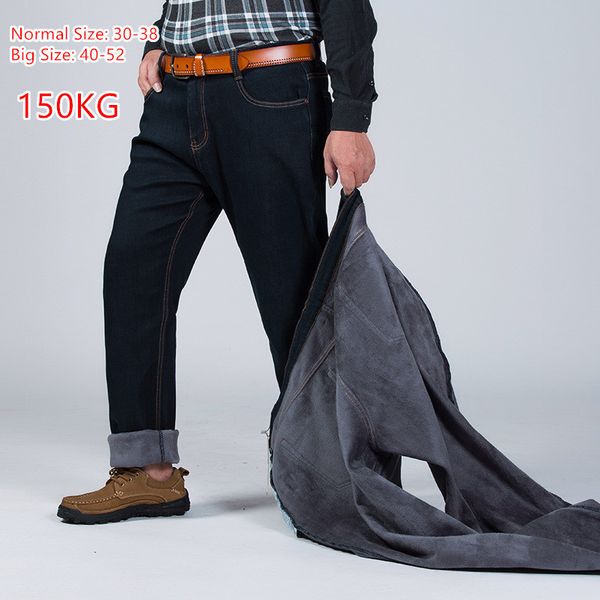 

150kg warm jeans thicken black men elastic high waist man winter trousers big size 44 46 48 50 52 classic denim fleece pant 201117, Blue