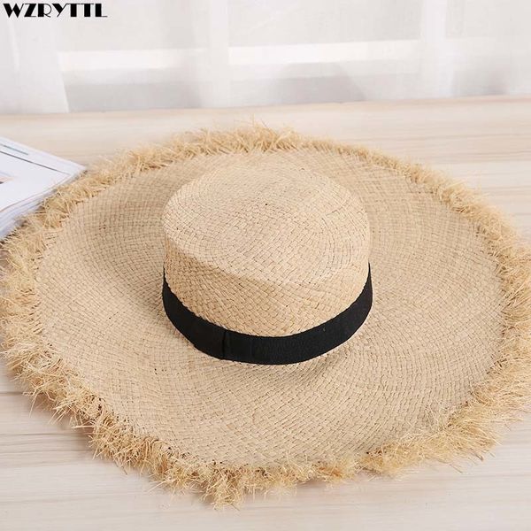 

raffia fringed straw large wide brim sun for women man band beach cap summer uv kentucky derby visor hat c0123, Blue;gray