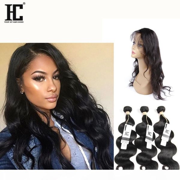 

hc hair unprocessed indian body wave hair weaves with 360 lace frontal natural color wholesale price indian remy hair, Black;brown