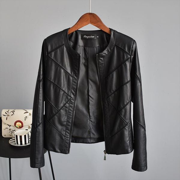 

ewq] o neck plaid long sleeve short leather jacket female trend clothing pu mesh stitching leather coats 2021 spring new qk158, Black;brown