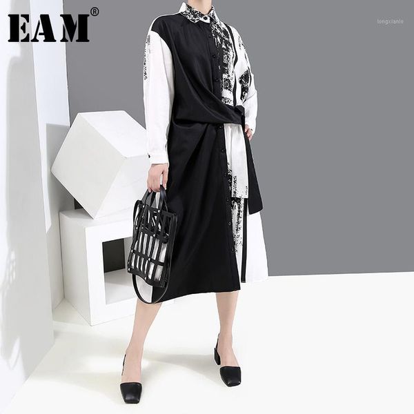 

eam] women white printed knot big size shirt dress new lapel long sleeve loose fit fashion tide spring autumn 2020 1y9311, Black;gray