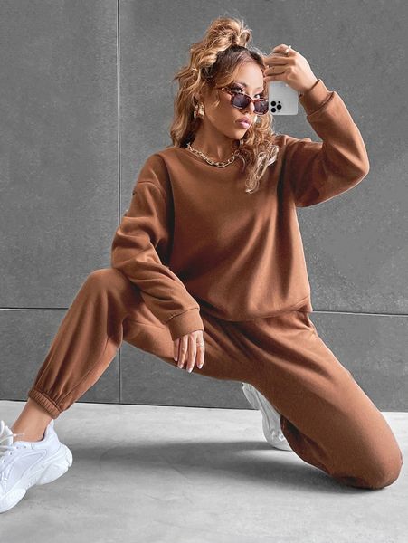 

solid drop shoulder sweatshirt & sweatpants t6v2#, White