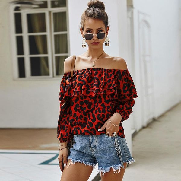 

women blouse colorful leopard print off shoulder ruffle overaly frill loose casual street wear femininas bluse, White