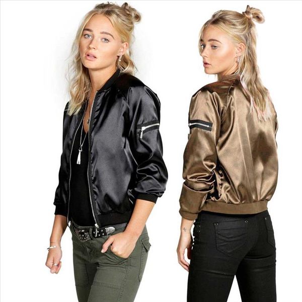 

women shining basic jacket champagne gold black color round collar full sleeve slim bomber jacket outwear wdc1726, Black;brown