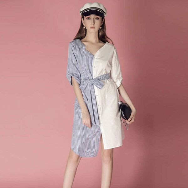 

summer new cool style asymmetric women's color matching stripe v-neck lace up shirt skirt dress, Black;gray
