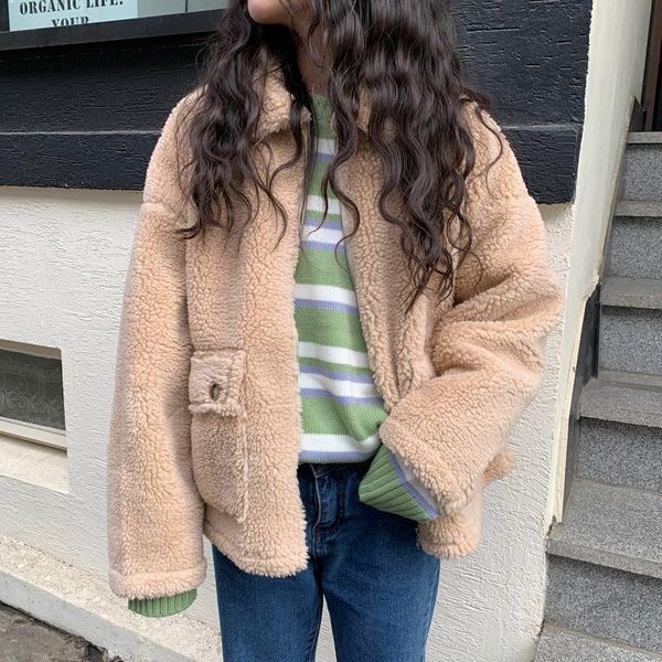 

control will loose brief paragraph qiu dong han edition deerskin flocking more lambs wool cardigan coat lapels, Black;brown