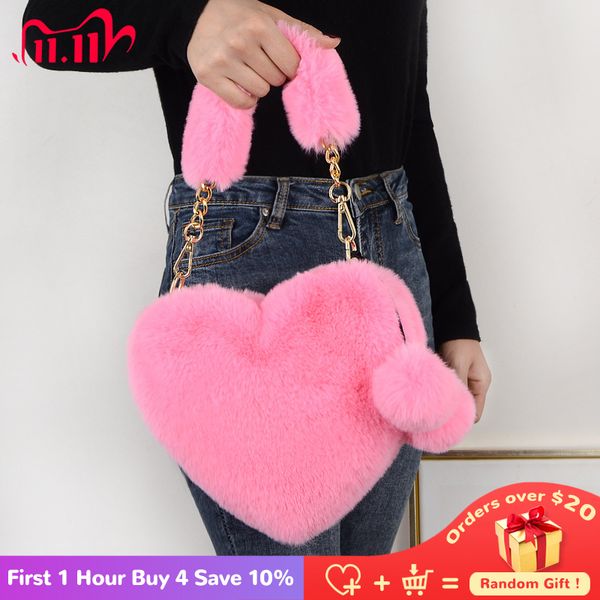 

faux fur winter women handbags cute plush ladies heart shaped shoulder bag cute female clutch purse love handbags messenger bag c1116