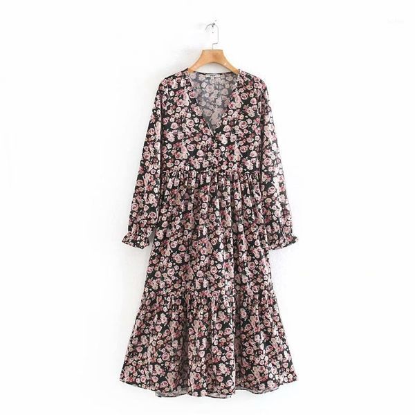 

pube2020 autumn women's new v-neck long sleeve printed a-line dress loose elastic medium length dress 093923441, Black;gray