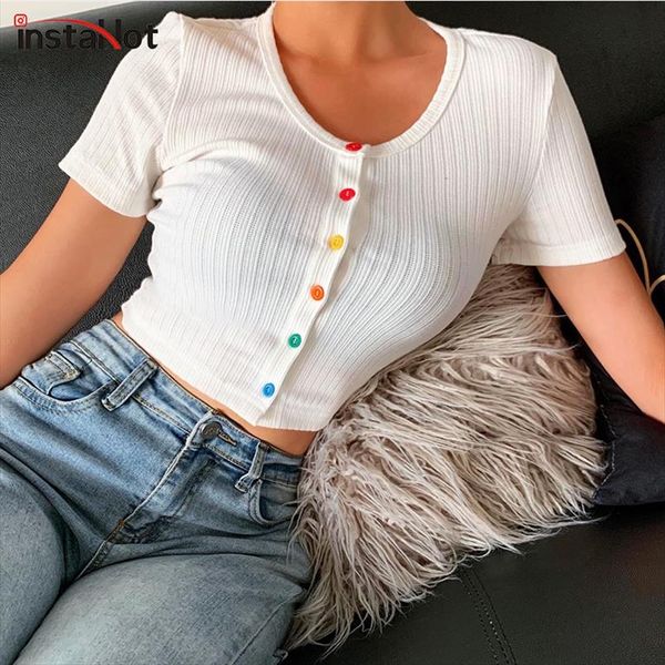 

button fly cropped o neck t shirt summer women casual slim colorful button t shirt cute bodycon white tee 2020