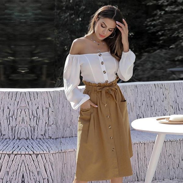 

women skirt single breasted large pocket midi skirt 2020 new female elastic waist pocket retro casual loose mori girl1, Black