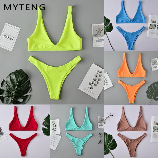 9 colori insieme sexy del bikini solido 2020 costumi da bagno delle donne gamba alta costume da bagno femminile costume da bagno neon verde perizoma biquini monokini T200708
