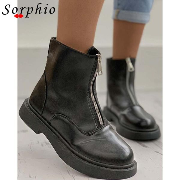 

boots sorphio brand lady luxury casual design ins women shoes zipper low heel motorcycle round toe ankle, Black