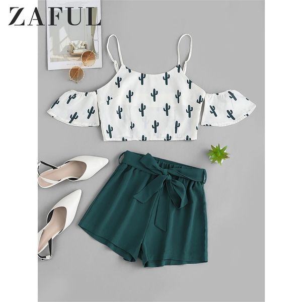 

zaful cactus print open shoulder and shorts set short sleeves high waist women casual two pieces set streetwear t200325, White