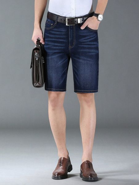 

men slant pocket denim shorts without belt c5a5#, Blue