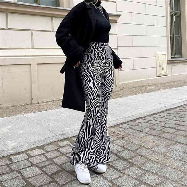 

vintage harajuku zebra striped print flare pants women high waist slim fit street fashion elegant casual wide leg trousers, Black;white
