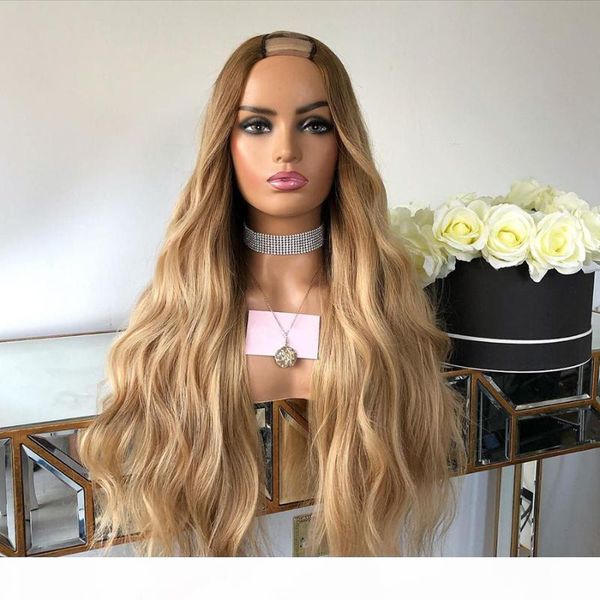 

glueless #4t#27 u part human hair wigs with baby hair 180density wavy ombre honey brown 1x4 u part wigs for women remy, Black;brown