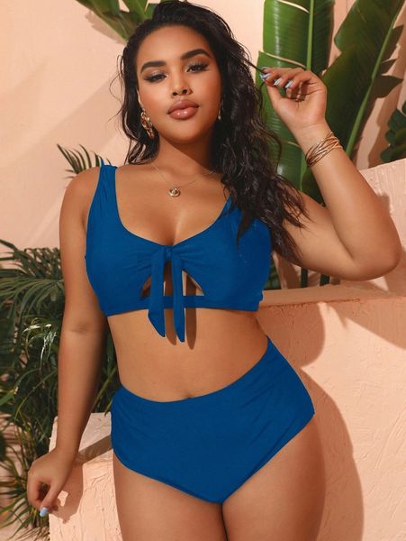 

plus cut-out knot front bikini swimsuit k5gu#, Black