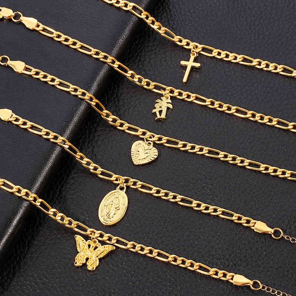 

coconut tree/virgin mary/butterfly/cross/heart bracelet for women men girls jewelry foot chains religious and wedding gift, Golden;silver