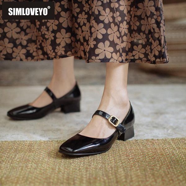

simloveyo new 2021 women pumps round toe 3.5cm block heels genuine leather buckle mary jane simple big size 43 casual a3625, Black