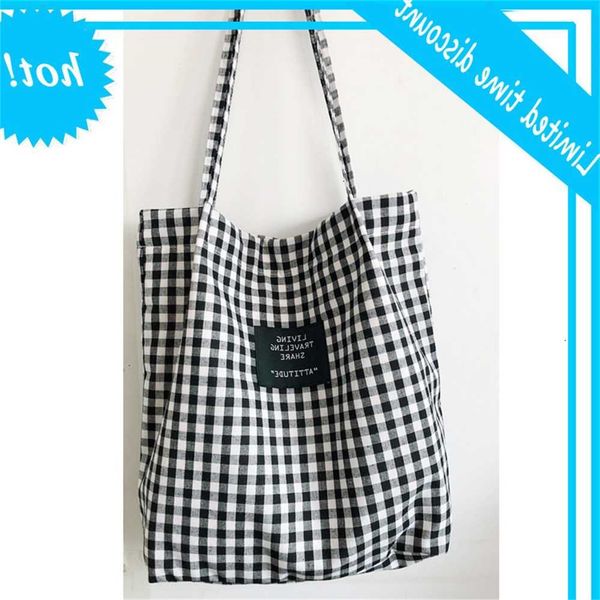 

fashion sustainable women student cat linen single shoulder bag shopping tote check plate female flesh canvas purse