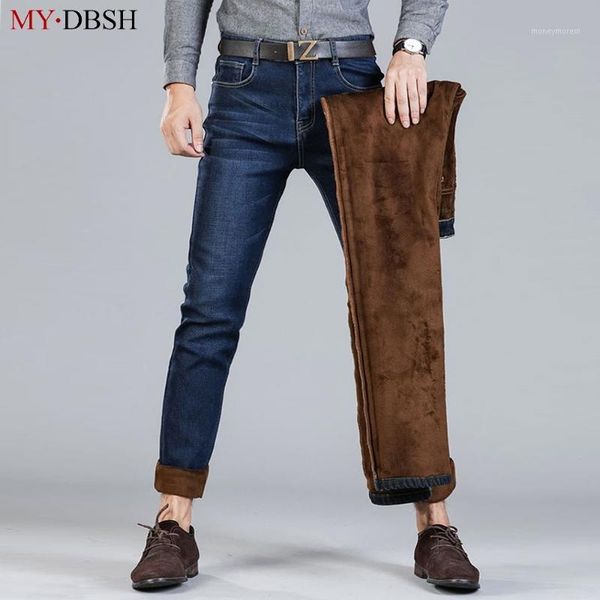 

brand men designer stretch casual straight winter stretch thicken denim jeans man slim fit business trousers warm fleece pants1, Blue