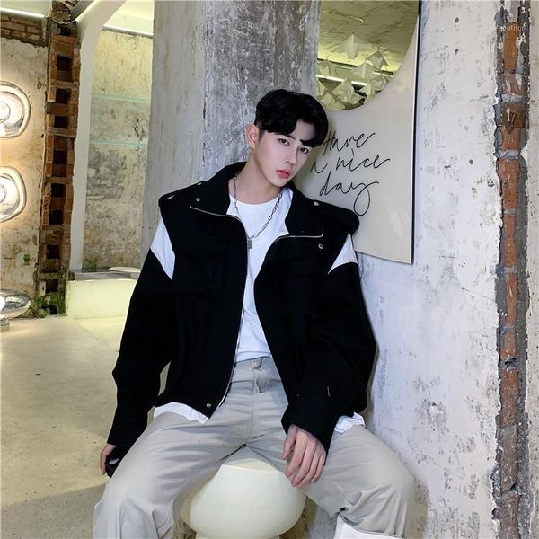 

men's jackets 2021 spring and autumn youth niche design fake two trend fashion casual loose lapel shirt black m-2xl1, Black;brown