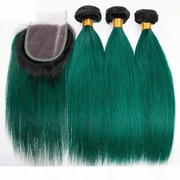 

dark green ombre virgin brazilian human hair 3bundles with closure straight #1b green ombre 4x4 lace closure with weaves extensions, Black;brown