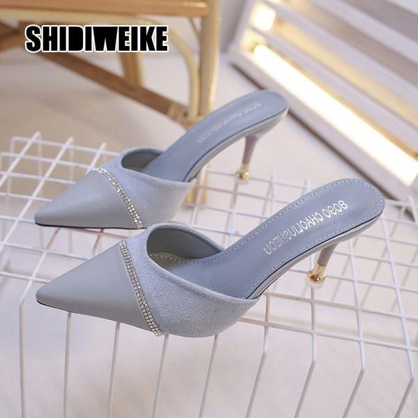 

slippers women's high heels 2021 summer woman crystal ladies pointed toe female casual slides plus size 33-40 va939, Black