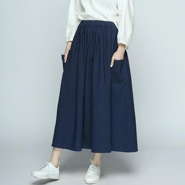 

spring skirt women loose retro elastic waist skirt new ladies casual pocket spliced mori girl solid color cute 20191, Black