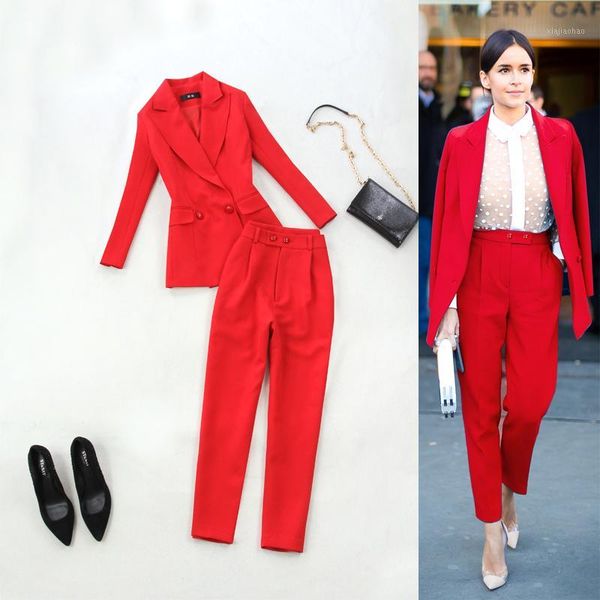 

elegant ladies suit large size women's spring and summer new big red waist double-breasted suit + high waist pants fall1, White;black