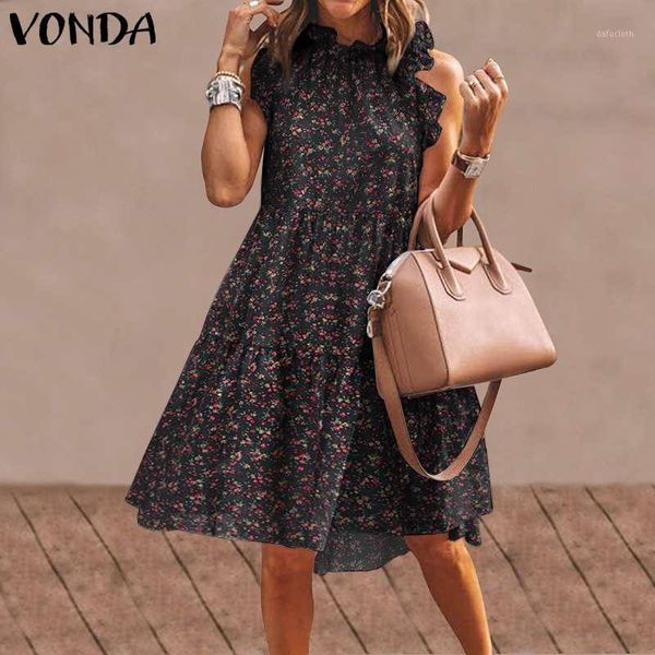 

vonda women summer short dress casual ruffled neck sleeveless tank dresses vintage printed party robe bohemian vestidos1, Black;gray