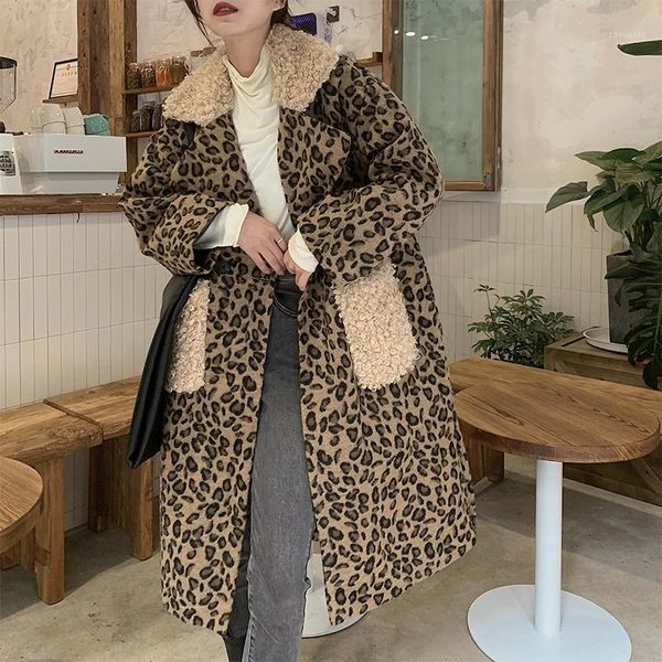 

women winter long leopard lamb wool coat jacket thicken woolen overcoat with waistbelt full sleeve outerwear cardigan1, Black