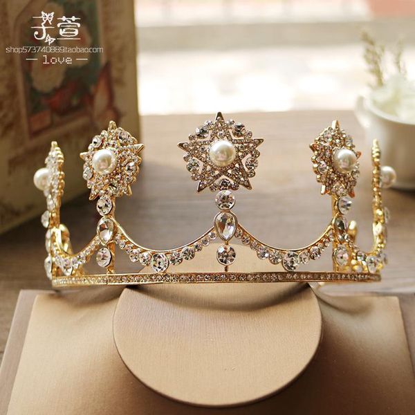 

european luxury rhinestone crown five-pointed star pearl crown bridal tiara wedding hair accessories wedding dress, Golden;silver