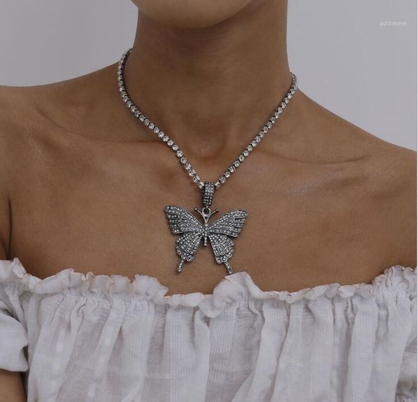 

2020 aesthet animal big butterfly pendant necklace rhinestone chain for women bling tennis chain crystal choker necklace jewelr1, Silver