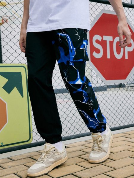 

romwe guys lightning graphic cargo drawstring pants 48nh#, Black