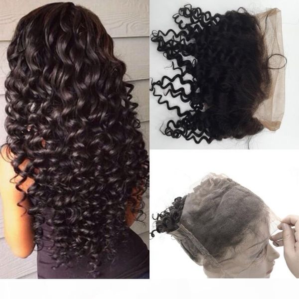

360 full lace frontal mongolian hair 22x4 band lace frontal closure deep wave human hair c, Black