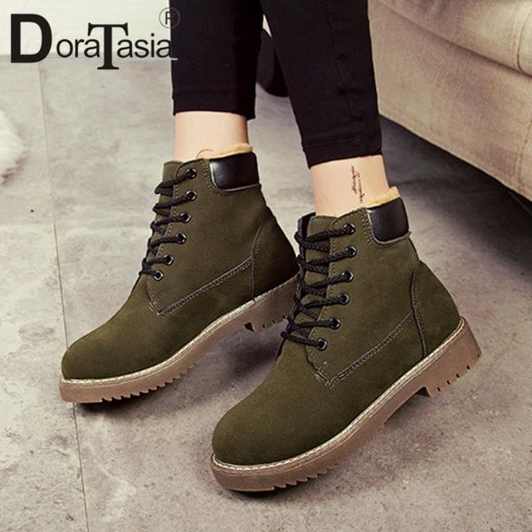 

doratasia brand new ladies chunky heels ankle boots concise warm fur boots women round toe shoelace winter plush shoes woman, Black