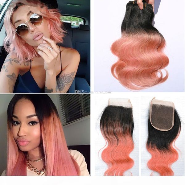 

ombre lace closure with bundles two tone 1b rose gold body wave hair weave with lace closure ombre closure with bundles, Black;brown