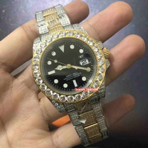 

men&#39s ice diamond wristwatch diamond bezel silver stainless steel case watch bi-gold diamond strap watch automatic mechanica, Slivery;brown