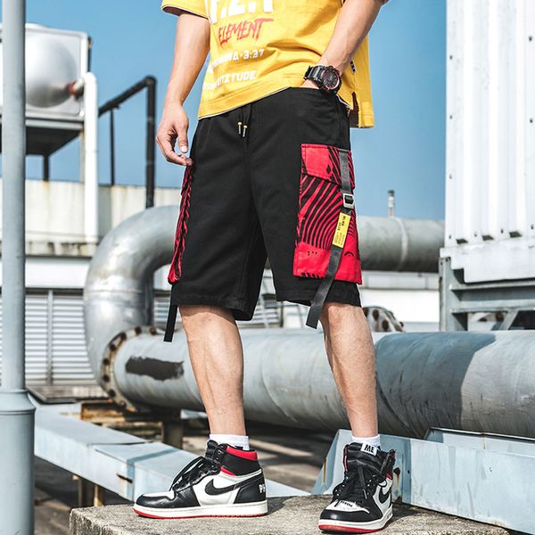 

nieuwe western kleur patchwork stijlvolle lint mannen cargo korte broek hip hop zomer mannelijke elastische taille casual shorts losse lint, White;black