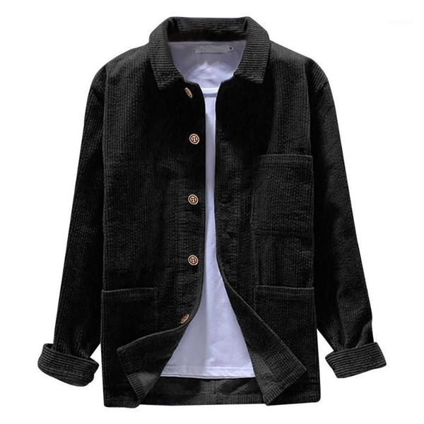 

men solid color long sleeve turn down collar button corduroy pockets shirt1, Black;brown