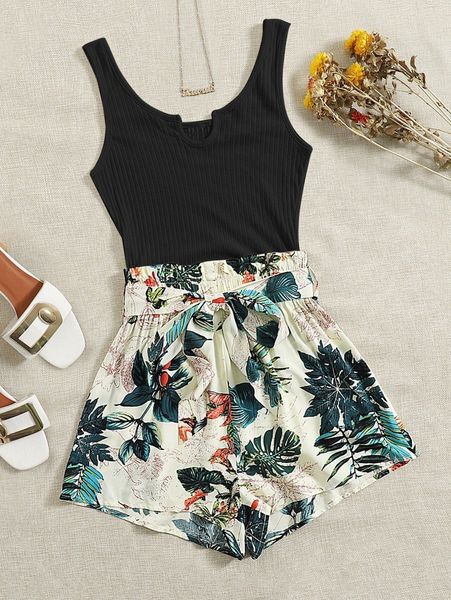 

tropical print tie front romper 32jn#, White