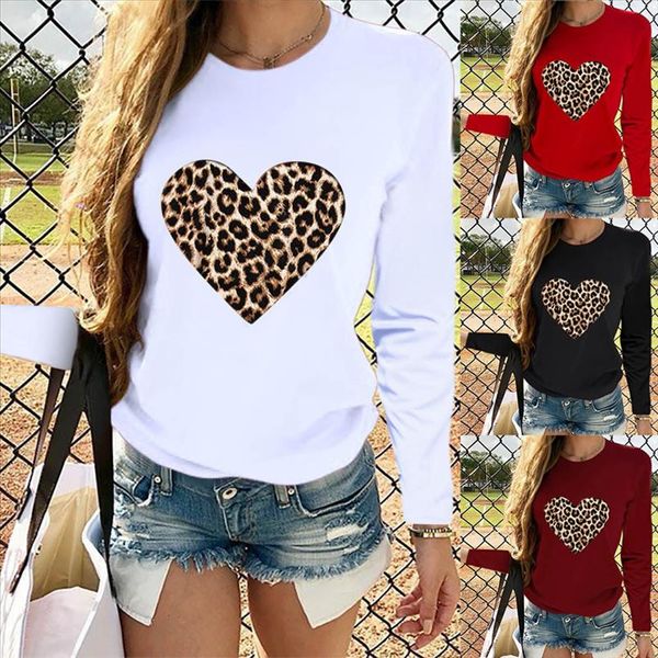 

40 women casual long sleeve o neck leopard heart shaped print autumn pullover blouses elegant slim brief daily shirt, White